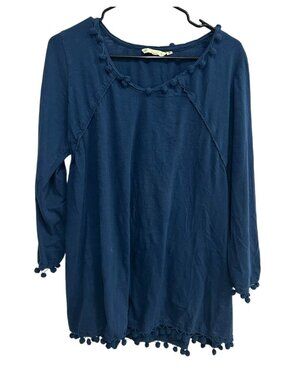 Anandas Collection XL Navy Blue Pom-Pom Trim Tunic Top Boho Chic Whimsical